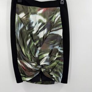 Karen Millen Pencil Silk Skirt Abstract Print Twist‎ Front Black Trim New Size 6